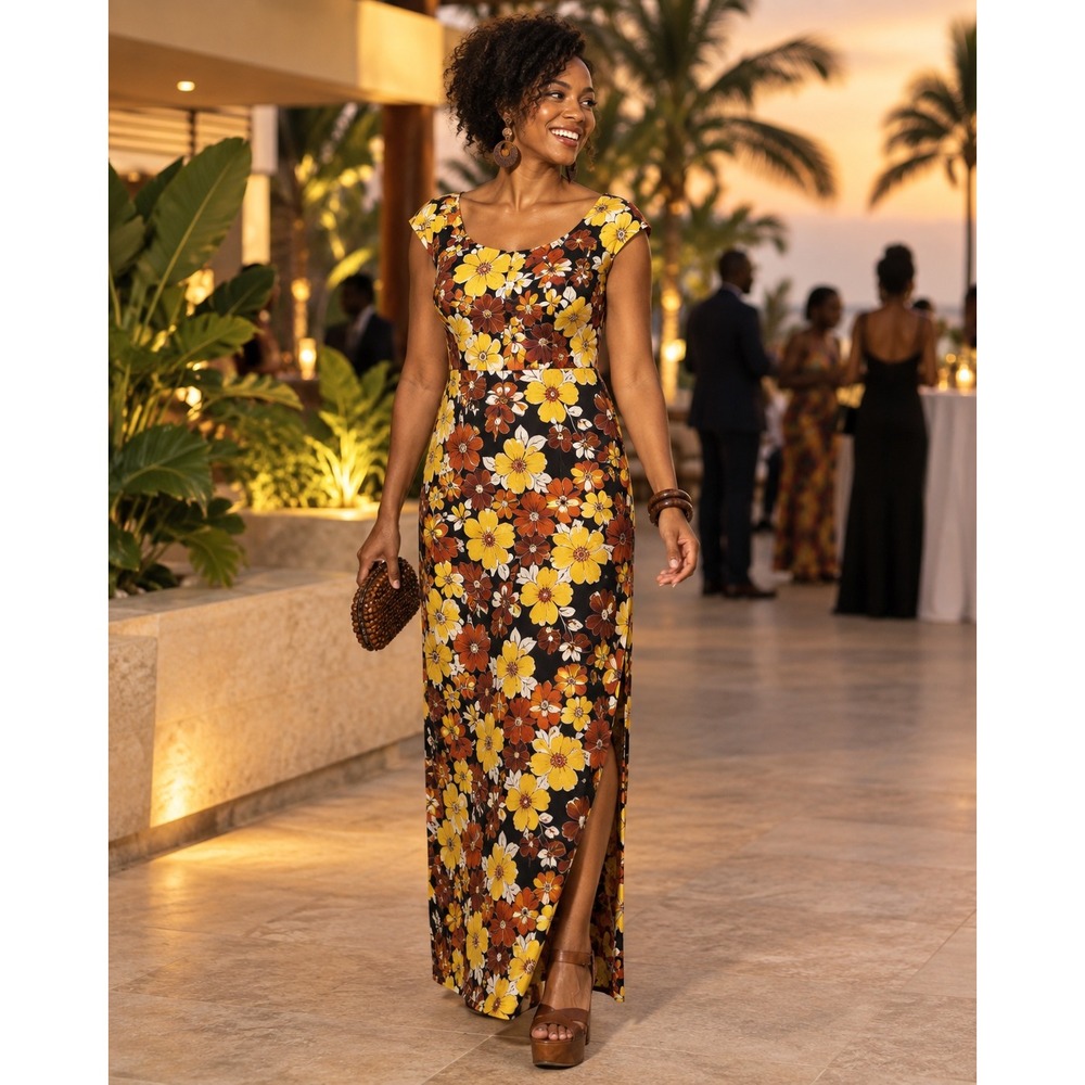 Handmade in Ghana Floral Maxi Dress Retro 70s Mod African Print M